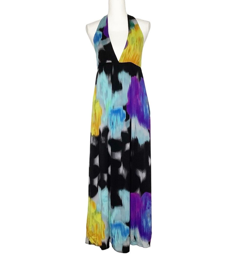Alice + Olivia Multicolor Watercolor Silk Halter Maxi Dress Plunge Neckline